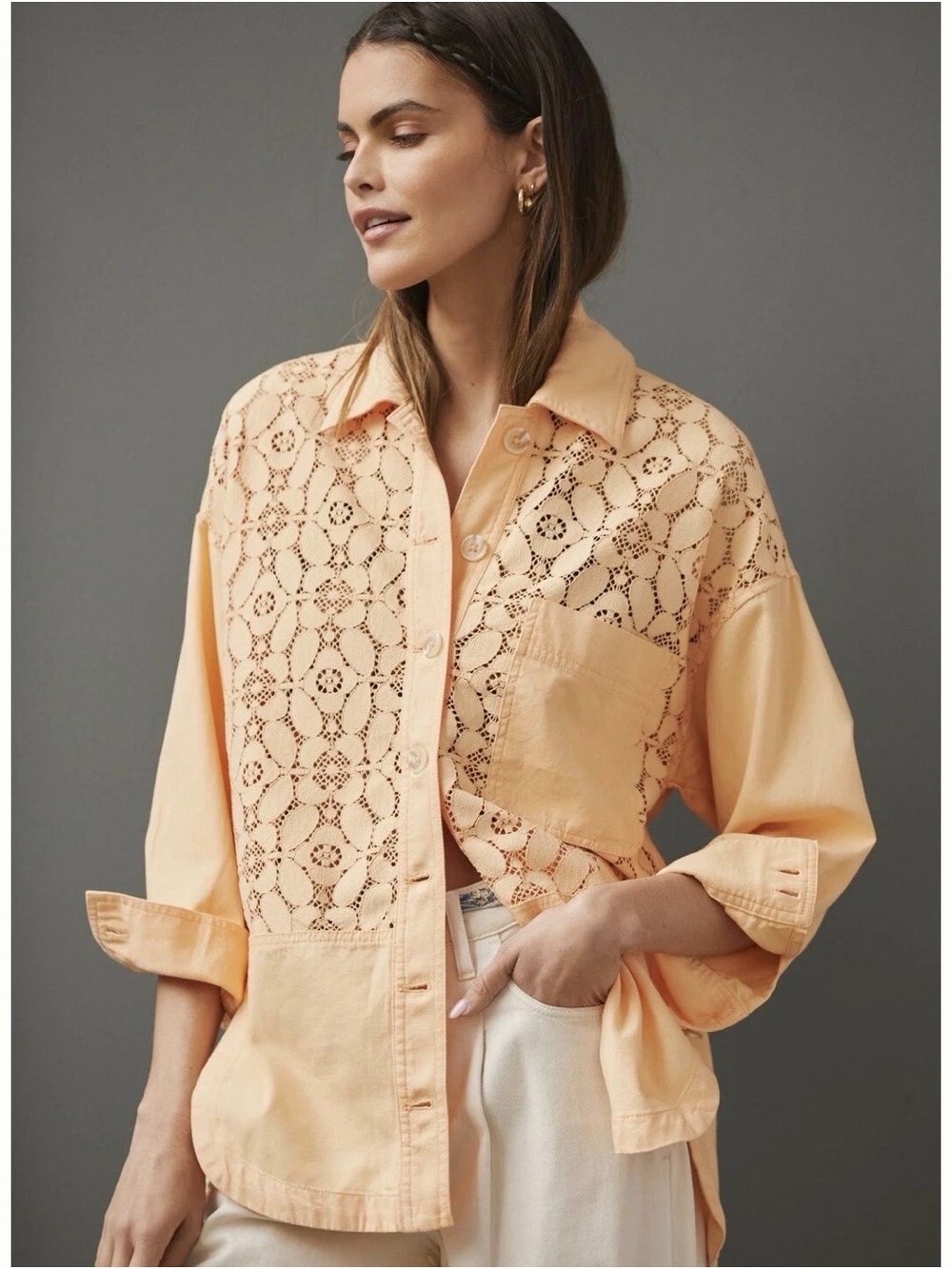 Maeve by Anthropologie Peach Crochet-Panel Button-Down Shirt